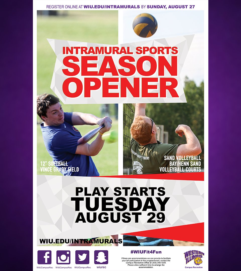 WIU_Intramurals's tweet photo. Hey #WIU IM Softball and Sand Volleyball Tournaments start soon. Register TODAY to PLAY! https://t.co/eKBvXHolVq     #WIUFIT4FUN https://t.co/pBLSOVR1Mp