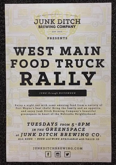 JunkDitchBrew's tweet photo. Our weekly West Main Food Truck Rally is 5-8 p.m. tonight. Indoors or outdoors. Rain or shine. Beer or wine. 🙌 #FWFT #FortWayne #DTFW https://t.co/fQK2nf2fNr