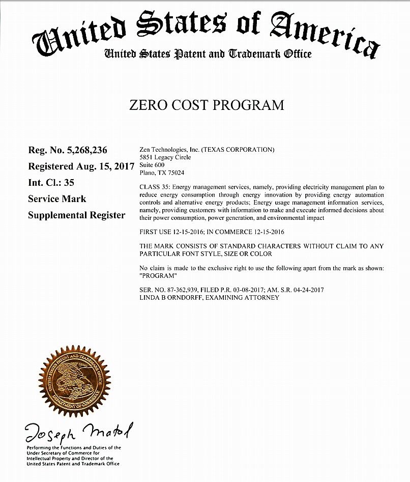 whatiszenergy's tweet photo. Voila! Our official registration certificate for trademark use of the mark 'Zero Cost Program' $CHRO #Zenergy #ZeroCostProgram #savings https://t.co/GU7NCcDEwN