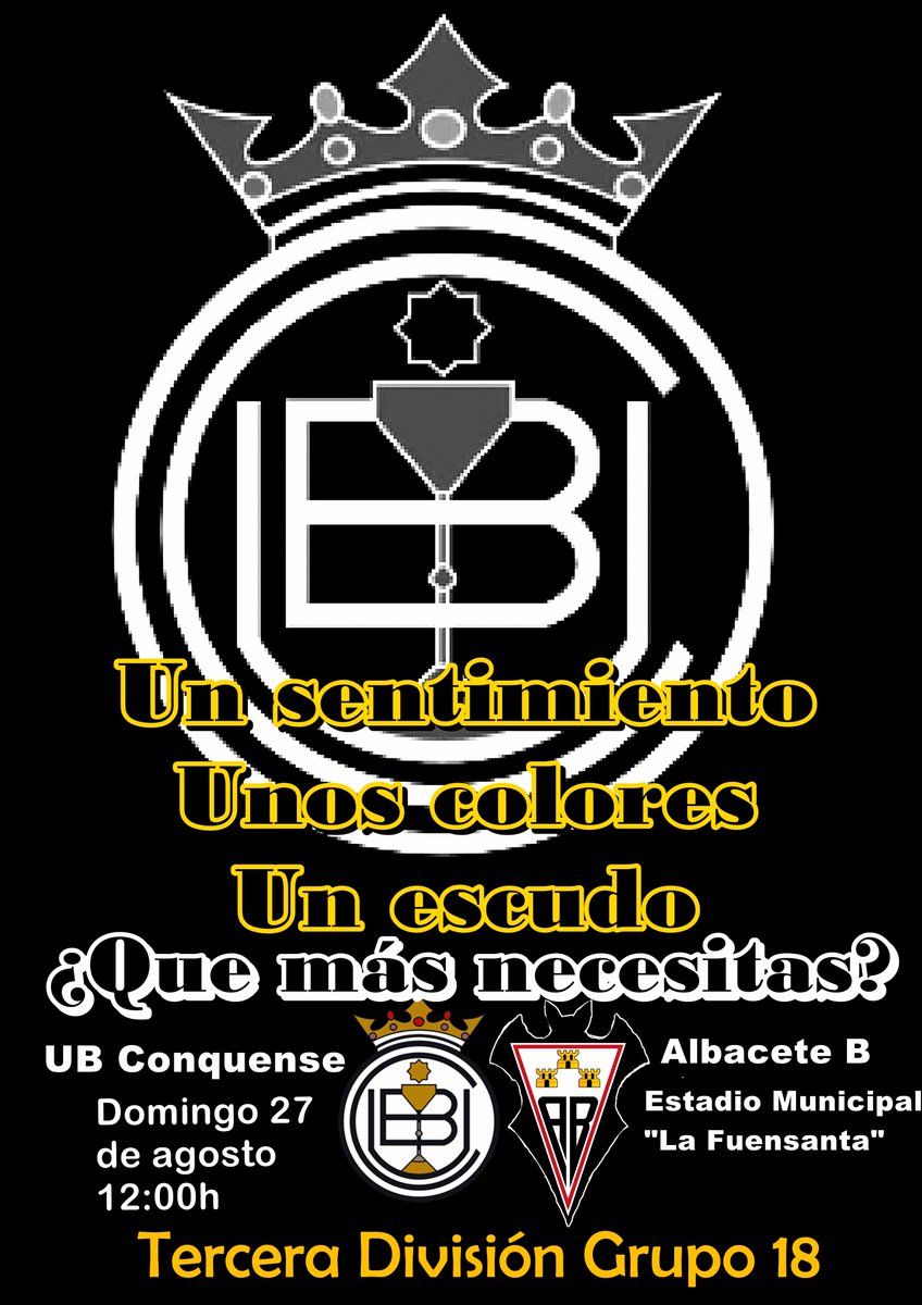UBConquense's tweet photo. CARTEL | Debutamos en La Fuensanta 
Domingo 12:00h @UBConquense - @AlbaceteBPSAD B
#QueMásNecesitas #VamosConquense https://t.co/irtLCbTJxh