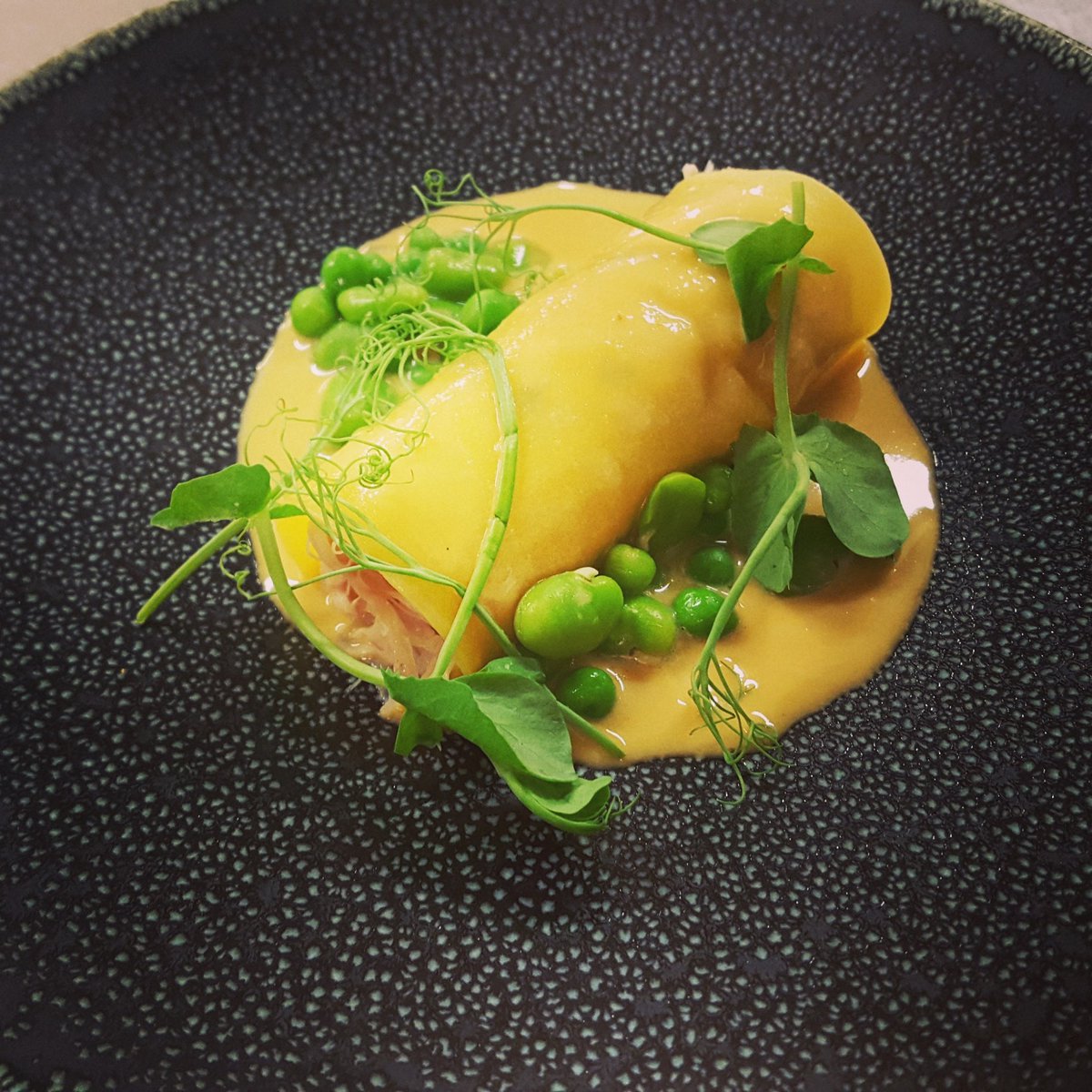 Michael_ball85's tweet photo. Rabbit canelloni, mustard, peas &amp; feves https://t.co/1ASNaNLWSK