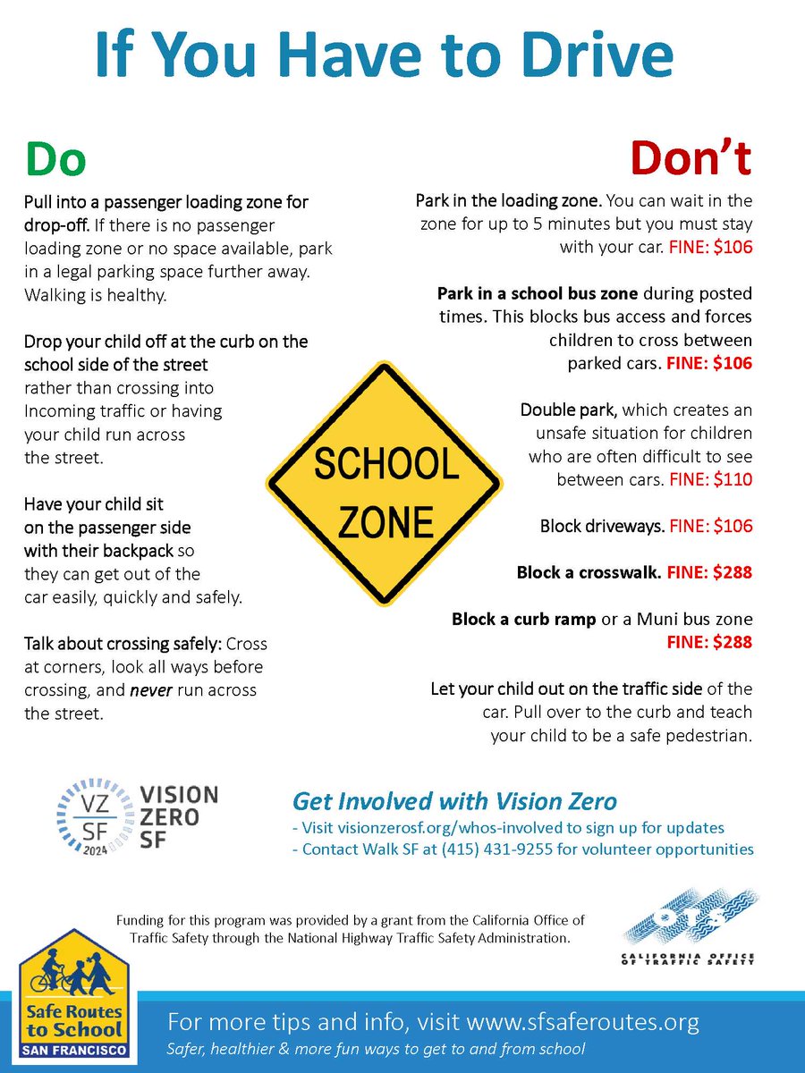 Back to school safety tips. For more info, visit sfsaferoutes.org
