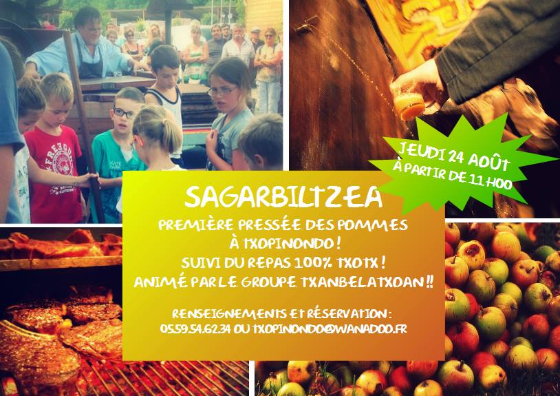 sagarlur's tweet photo. El 24 de Agosto, fiesta Sagar Biltzea en la sidrería @txopinondo de Azkaine con demostración del prensado de la manzana #sagarnoa https://t.co/G4tBM9KUqF