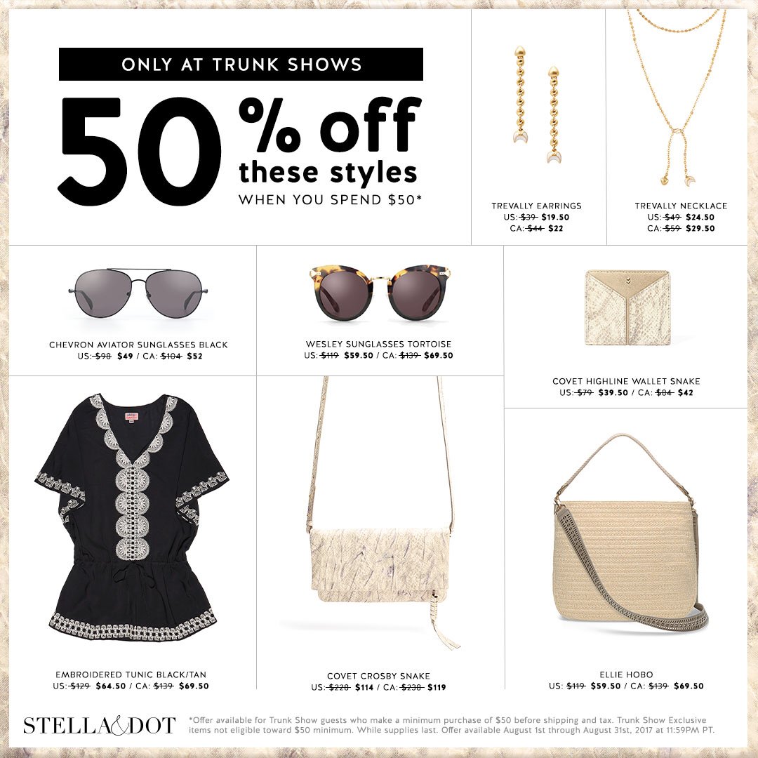 SensibleStyle's tweet photo. Get 50% OFF these @stelladot items when you spend $50 via my #TrunkShow! 🛍️ https://t.co/V6NAfNpgij 

#StellaDotStyle #Sale #Discount #Shop https://t.co/PaVu821xH9