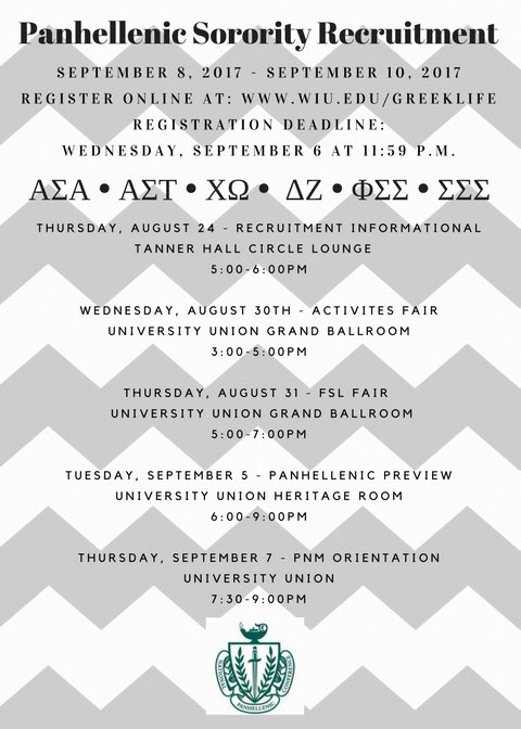 Sign-up for Formal Recruitment today via wiu.edu/Greeklife! More information listed below!  #wiu21  #panhelleniclove #WIUPhcRec17