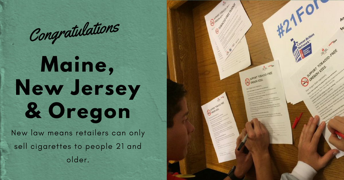 ACSCAN's tweet photo. Maine, New Jersey and Oregon are latest states to raise their cigarette sales age to 21. #Tobacco21 https://t.co/IXAH1rmrgG https://t.co/fmghLkCust