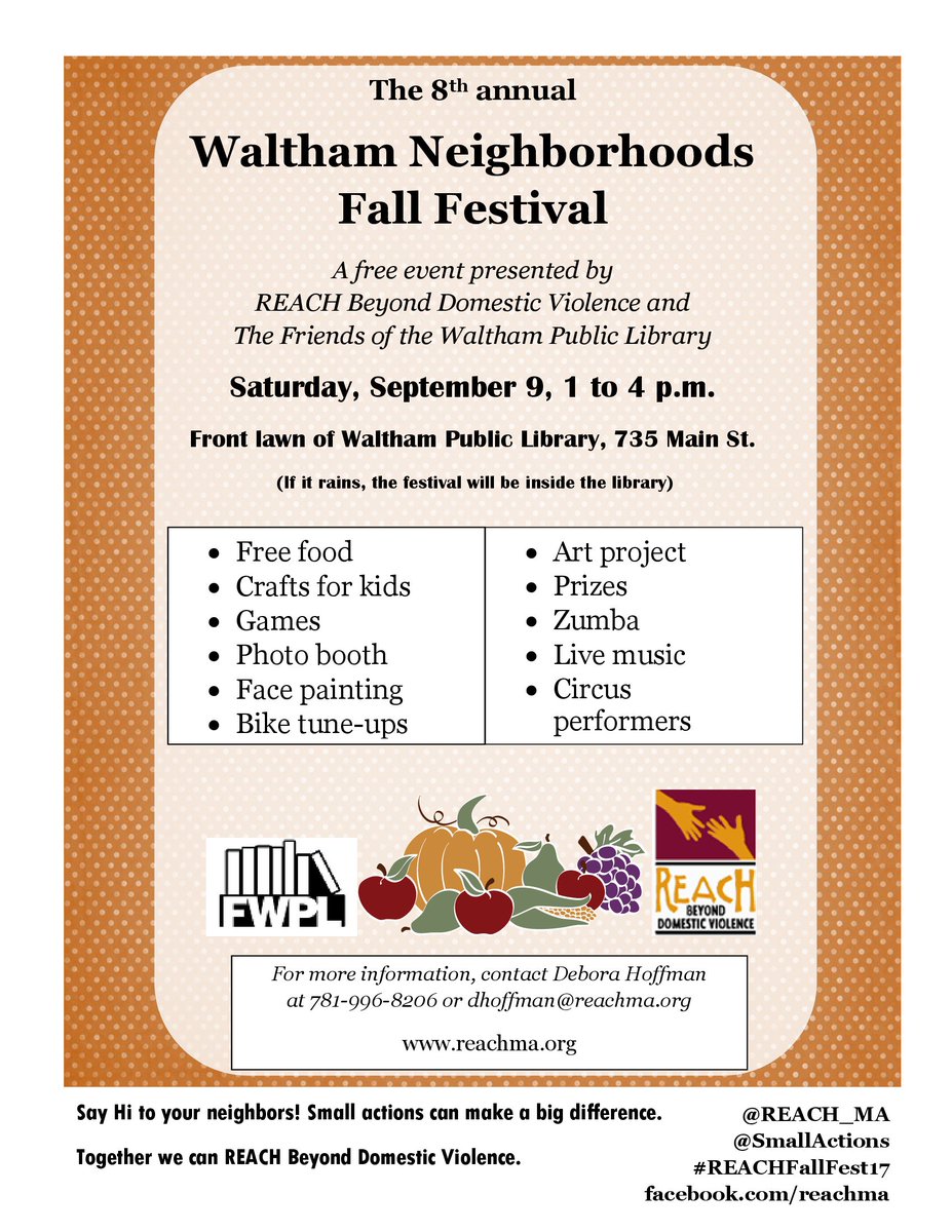 Coming to #REACHFallFest17?  What are you looking forward to the most?  Free food?  ZUMBA? Making art?  Music?  <a href="/REACH_MA/">REACH_MA</a> @walthamlibrary