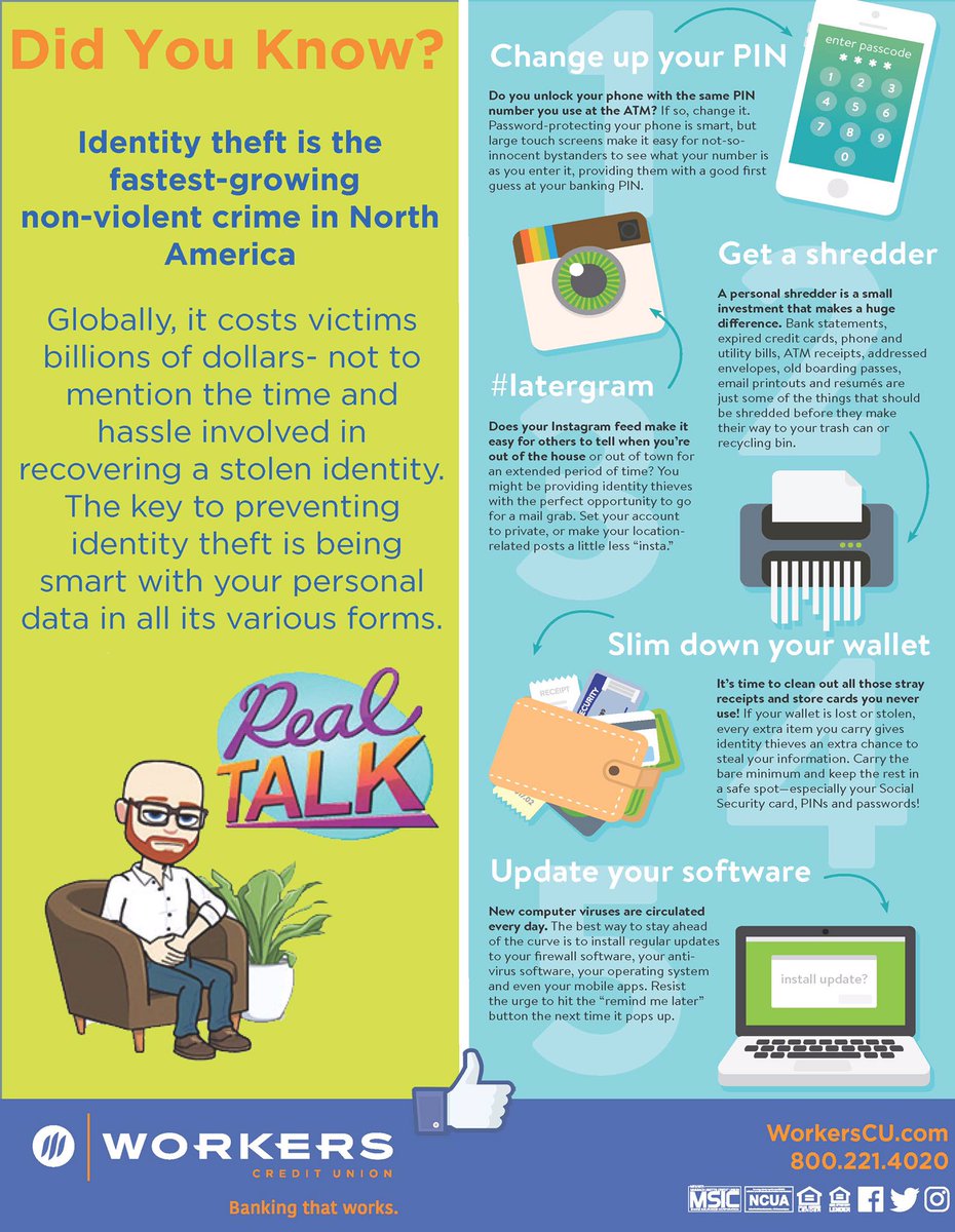 workerscu's tweet photo. Tip Tuesday: be smart with your personal data in all of it's forms #TipTuesday #preventidtheft #bankingthatworks https://t.co/EXDc7iqCqv