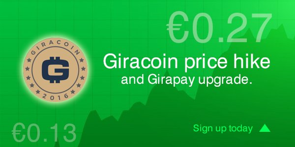 giracoin's tweet photo. Girapay now which gives you a more efficient and profitable mining process. The price of Giracoin is now at € 0.27 per GIRA. https://t.co/OeqpGZKAG6