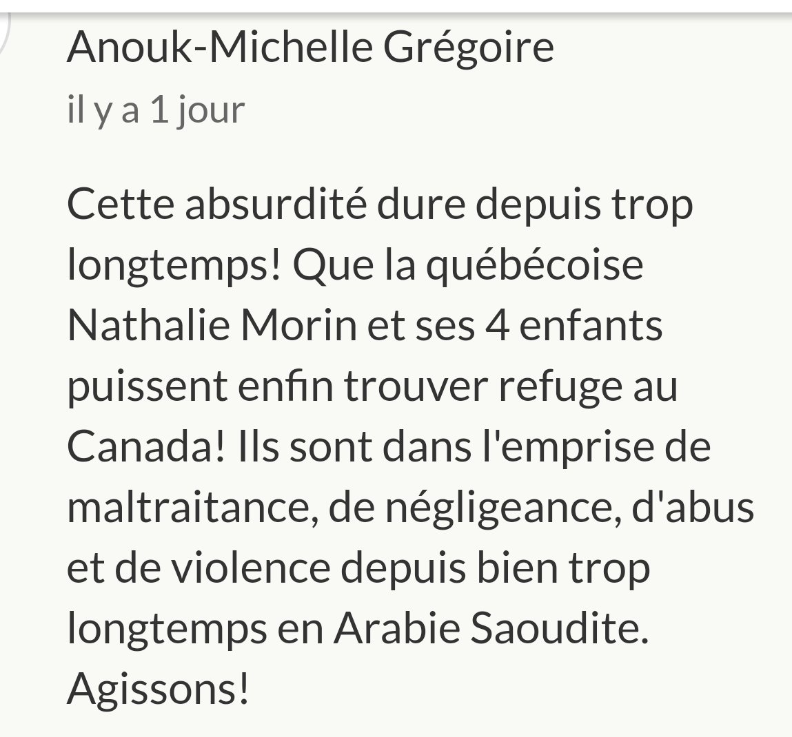 #NathalieMorin attend l'aide du #Canada en #ArabieSaoudite depuis + d'une décennie. #droitsdelafemme #polqc #polcan change.org/p/gouvernement…