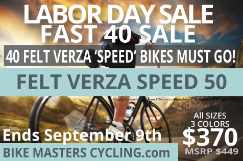 Buy a Felt Verza Speed 50 hybrid for only $370, and,if you mention this ad, you'll get a free water bottle cage &amp; Bike Masters water bottle!