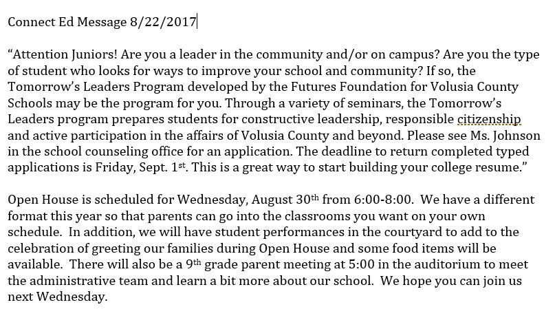 Connect Ed Message for Aug 22 re: Tomorrow's Leaders Program and Open House.  <a href="/kc712/">Kc7</a>