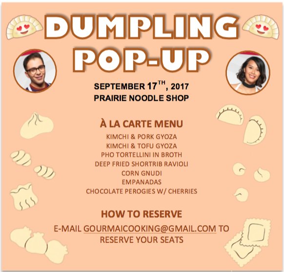 Maicaroon's tweet photo. Hey #Yeg! Jordan and I are hosting a dumpling pop-up @YEGNoodles on Sept 17th. E-mail gourmaicooking@gmail.com today to reserve seats! https://t.co/rDE8xOpmPz