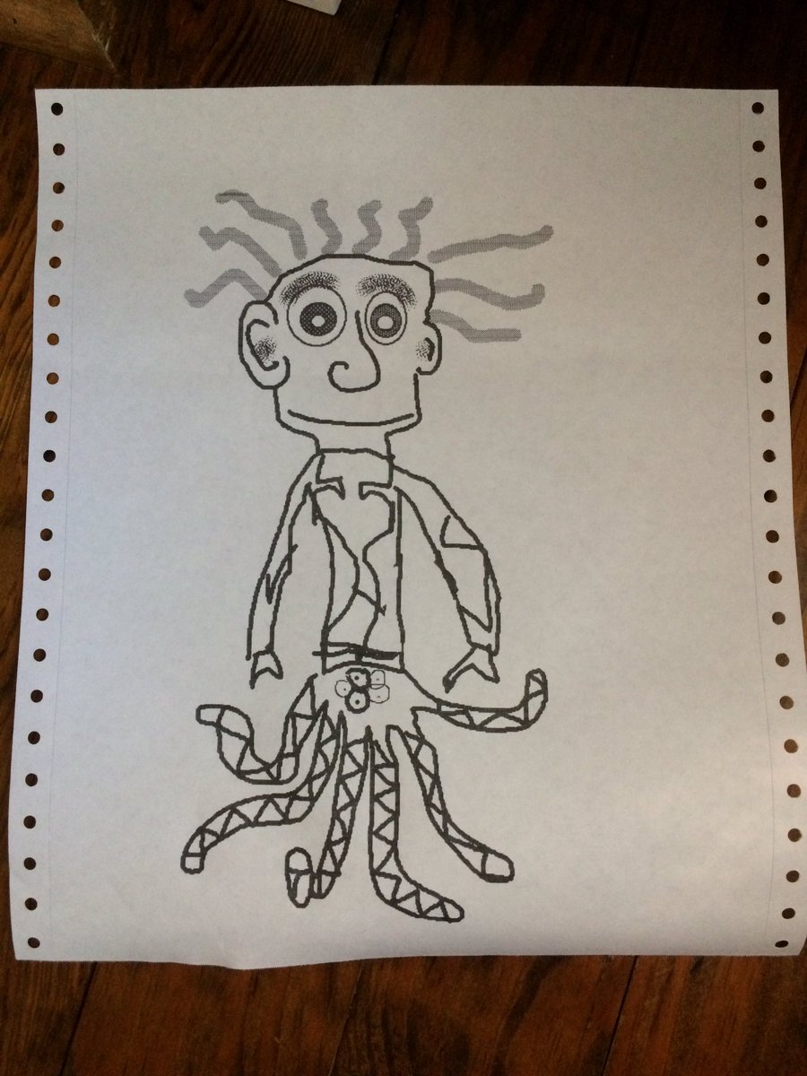 joshburker's tweet photo. The family agreed #exquisiteCorpse in #MacPaint was fun! Moved Page View for each. Printed on #ImageWriter. #dotMatrix #art #surrealism https://t.co/UBgRKfQLbz