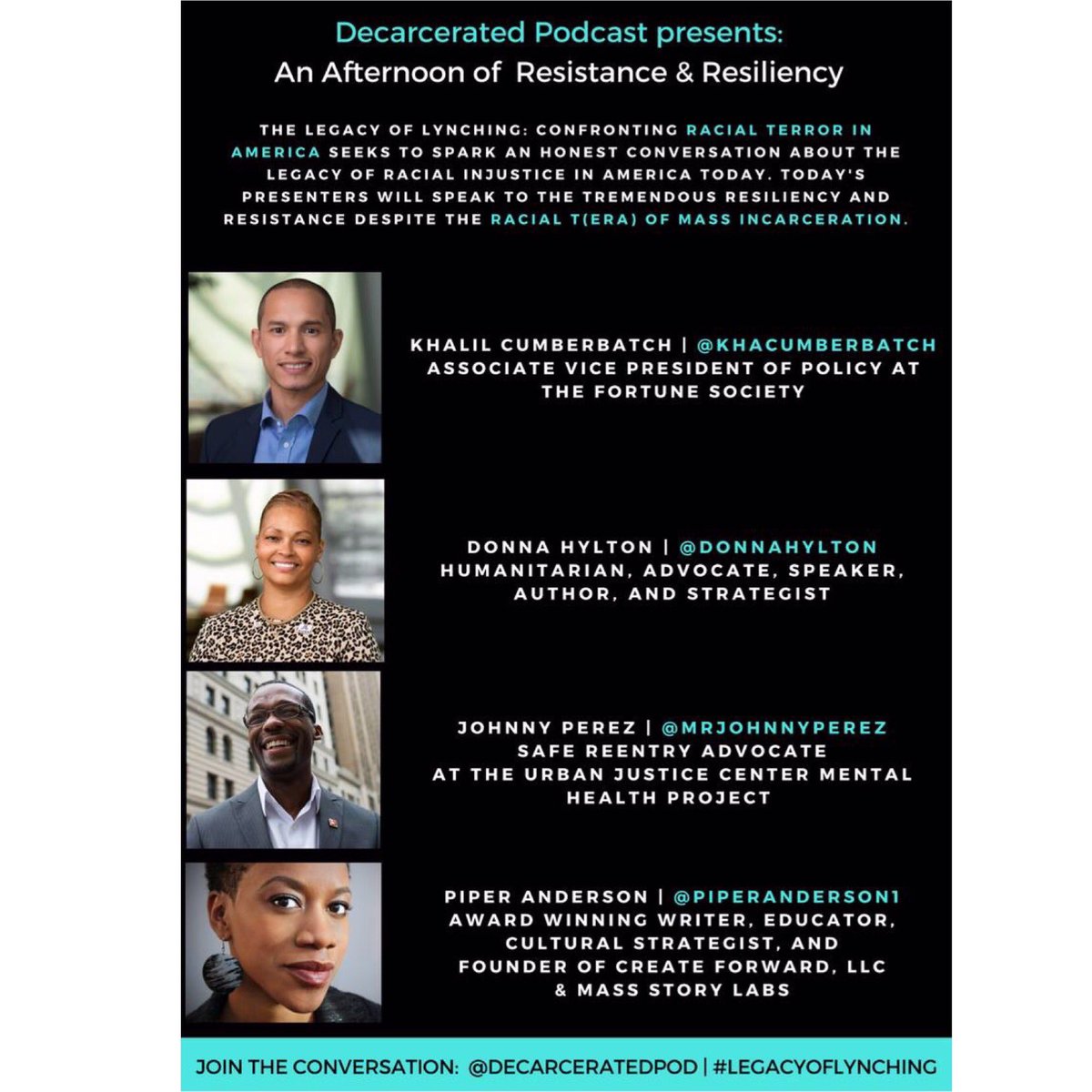 DeCarceratedPod's tweet photo. EVENT: 8/27 at 2pm @BrooklynMuseum. Join @piperanderson , @mrjohnnyperez , @khacumberbatch|@hyltondonna. #legacyoflynching beprecedential https://t.co/CwPpv2t7gQ