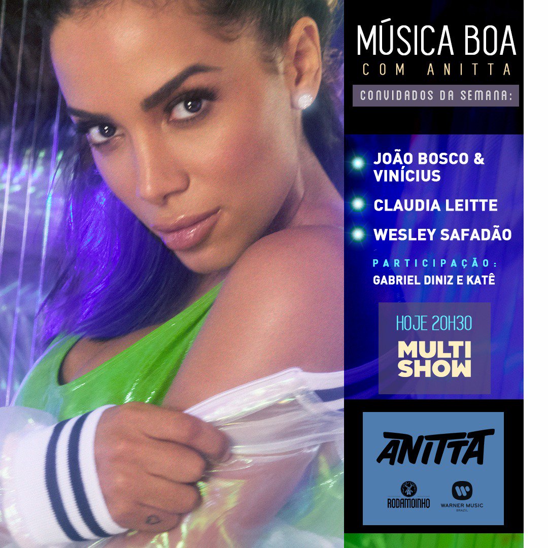 Anitta's tweet photo. Hoje o #MúsicaBoaAoVivo vai ser maraaa. Não percam!! https://t.co/RtDpTaG5ip