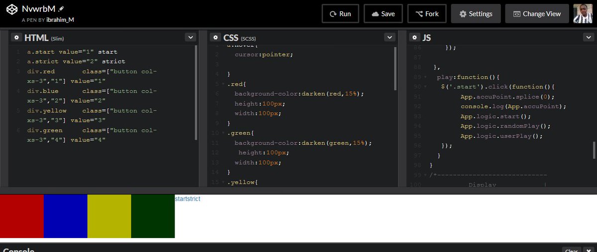 ibrahimmht8's tweet photo. Yesterday Day 36 and today Day 37 #100DaysOfCode on simon game challenge https://t.co/l1BTbMKuRP