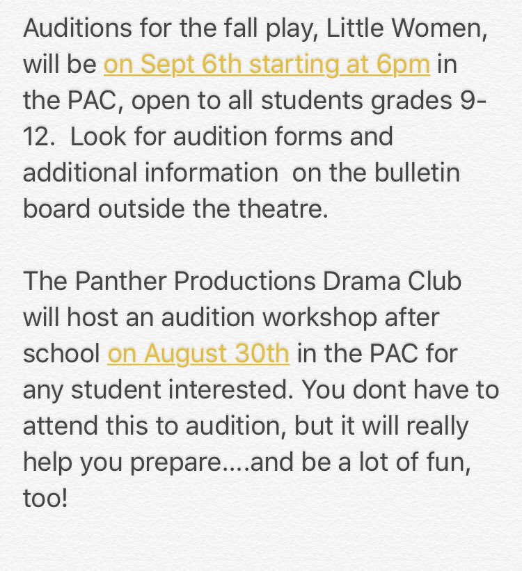 Fall play and audition workshp information! #LittleWomen #PantherProductions #MaumeeArts