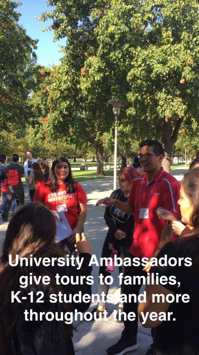 csunorthridge's tweet image. Ever wonder about the people who give tours at #CSUN? Learn more about University Ambassadors by adding csun_edu on Snapchat.