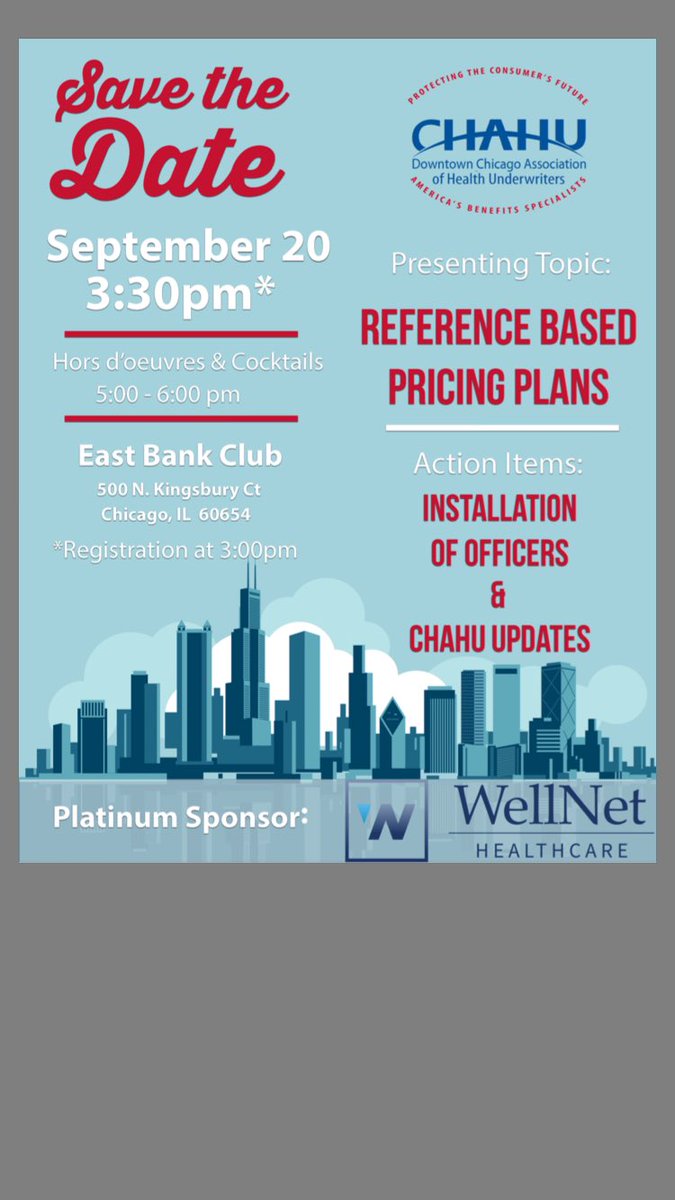 ChitownNahu's tweet photo. Come meet  Chicago Association of Health Underwriters (CHAHU) 9/20 at East Bank Club, have a drink and learn about Referenced Based Pricing https://t.co/C3cDeCqBci