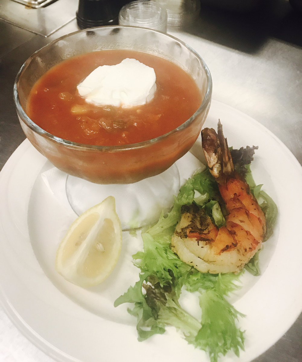 One of today's features, chilled farm vegetable gazpacho with grilled jumbo shrimp for 17.99 #SummerStyle #IslandLife
