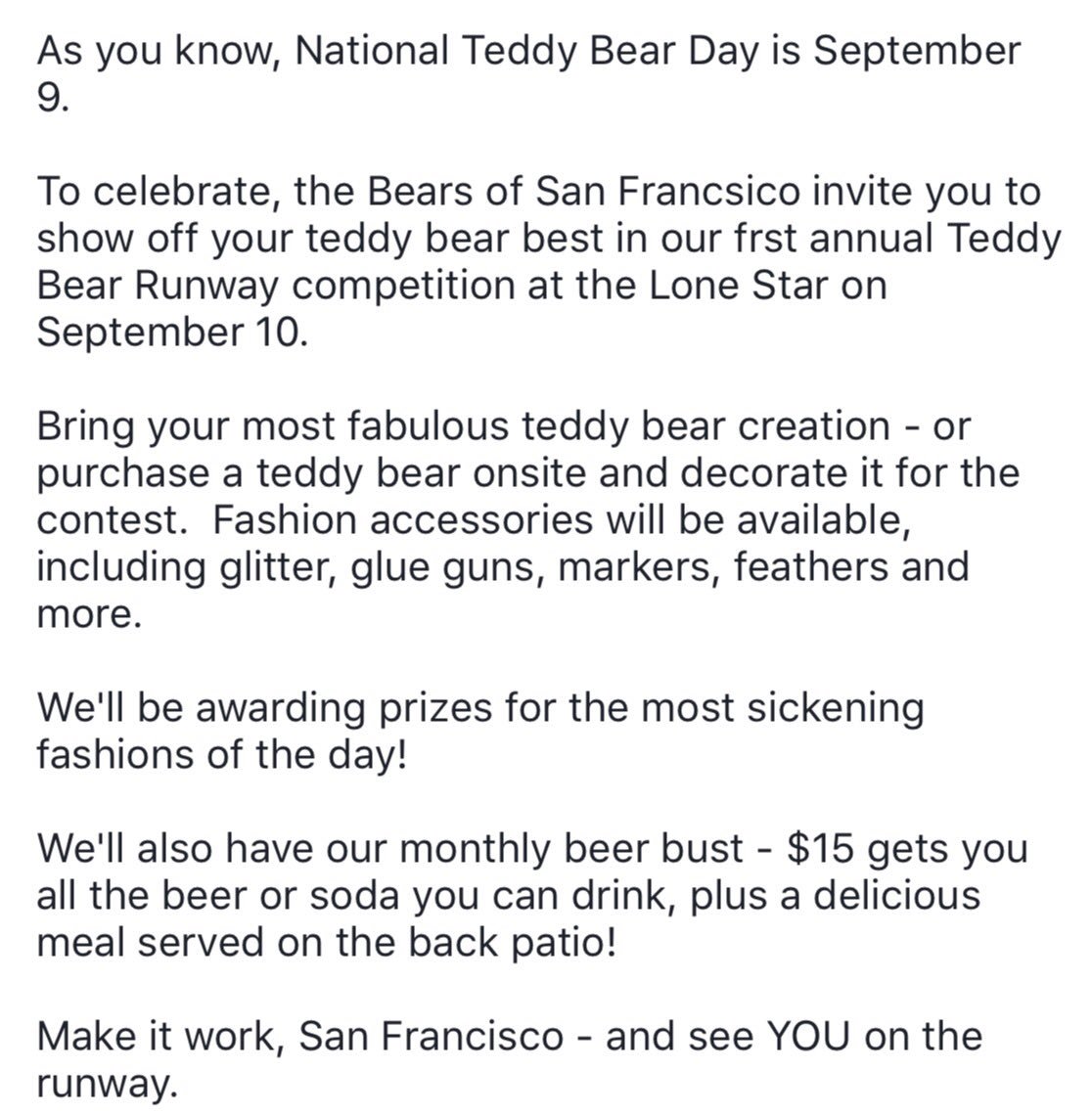 BearsofSF's tweet photo. Teddy Bear Runway: Beer Bust &amp; Teddy Bear Fashion Contest at the Lone Star Sunday September tenth from 4-8pm!! 🐻 https://t.co/OwW9lf1Piu