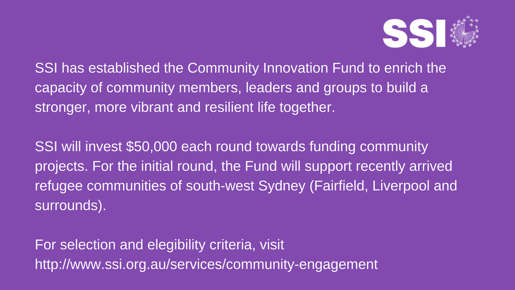 SSI_tweets's tweet photo. A new SSI fund is helping community leaders + groups strengthen refugee communities in south-west Sydney. Apply here https://t.co/vK5QCaf5sm https://t.co/HVlioNF3EO