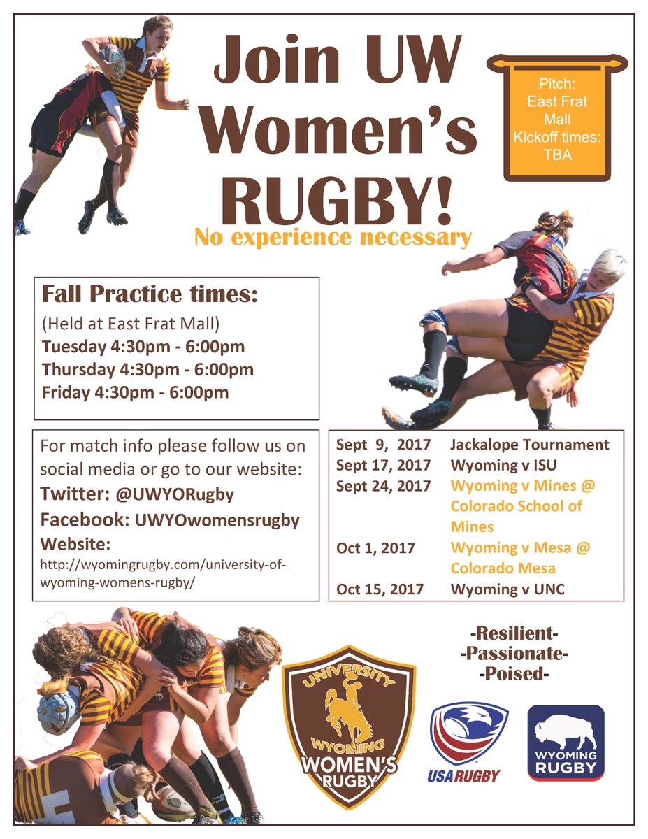 UWYORugby's tweet photo. University of Wyoming Women's Rugby Fall 2017 information and schedule. Come out and cheer the ladies on! #Cowgirlsrugbyat7220 #Wyomingrugby https://t.co/lBj12Q7f0s