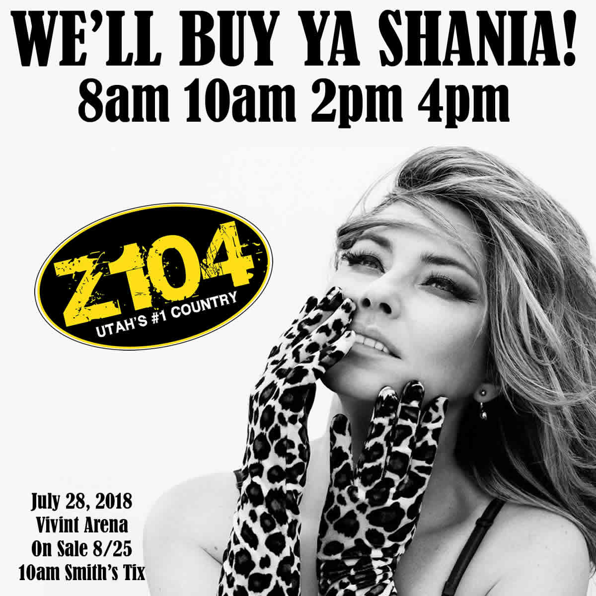Z104Country's tweet photo. Win FREE #shaniatwain tix all week at 8am, 10am, 2pm and 4pm! Just be caller Z and we'll buy ya Shania! on sale 8/25 10am #smithstix https://t.co/gFDRUkiyMZ