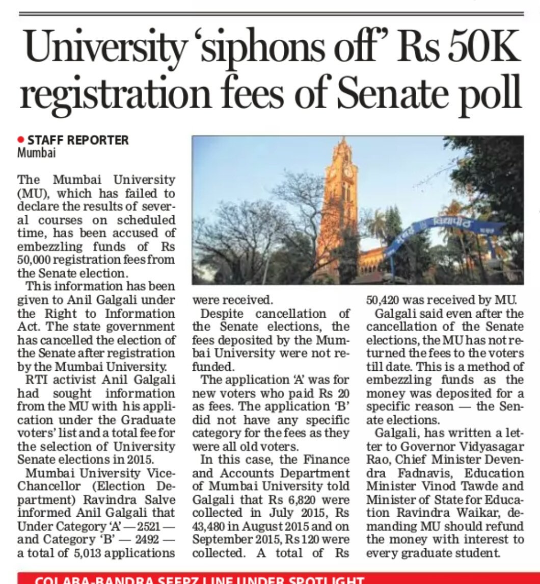 ANILGALGALIRTI's tweet photo. The Freepress Journal- University 'siphons off' Rs 50K registration fees of #Senatepoll @CMOMaharashtra @TawdeVinod @Uni_Mumbai @rtiindia https://t.co/M2mTy25j1Z
