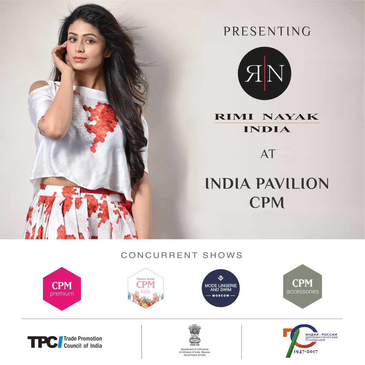 tpcifashion's tweet photo. A tale of chicness and modernity embedded with sophistication. Catch @riminayak in #IndiaPavilion at #CPMMoscow by @TPCI_ &amp; @DoC_GoI https://t.co/UrBc5tV7KH