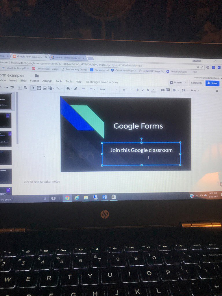 mjws2000's tweet photo. Practicing my Google Forms presentation for our technology PD on #firstdaybackforteachers @cait_ben @Londonderry_sch https://t.co/W6okcP1z3X