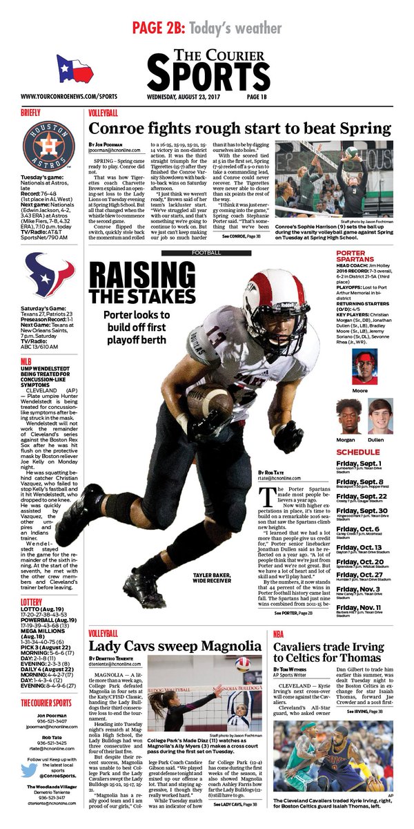 ConroeSports's tweet photo. We preview @PHS_Spartans in Wednesday's edition of The Courier. Plus wins from @CPVBCavs and @ConroeTigerVB. Pick up your copy tomorrow! https://t.co/5JV4elD9aE