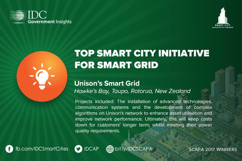 IDCAP's tweet photo. #NZ's #Unison program wins the #SCAPA2017 #SmartGrid award for strides in information & decision-making improvement. #SmartCity https://t.co/eRfA9lYNVg