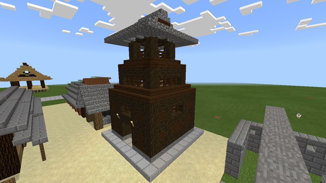 竹和 マイクラ和風建築 今回は井戸と神社の間に 火の見櫓 を作りました W 昔は携帯が無かったので いち早く火災の発見をするために見張り台として建てたみたいです W マイクラ 和風建築