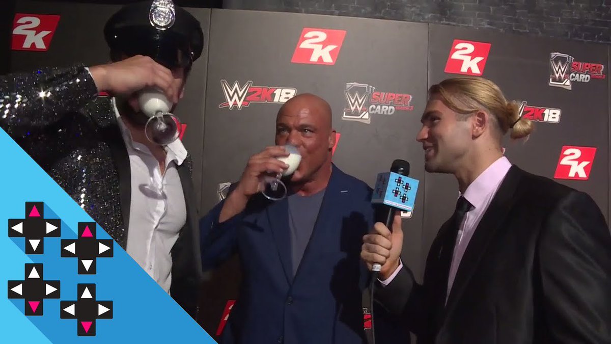 WWEgames's tweet photo. .@MmmGorgeous and @WWEFandango, chugged a milk with @RealKurtAngle on the #WWE2K18 red carpet! @UpUpDwnDwn https://t.co/7rigfK1s7K https://t.co/JsvHk6zvBq