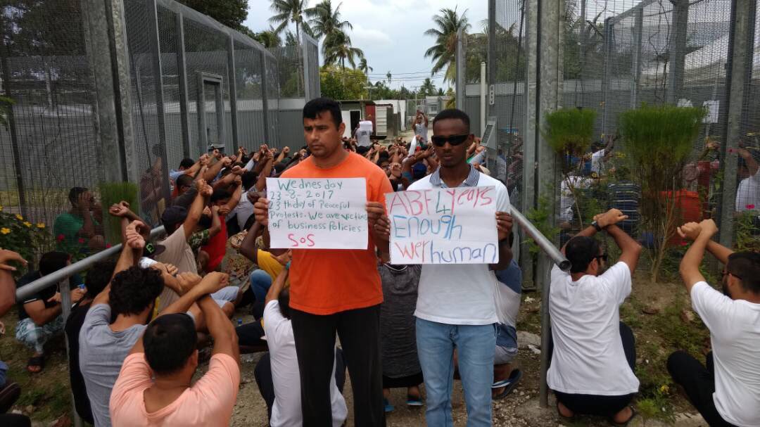 racvictoria's tweet photo. Day 23 of peaceful protests on #Manus Calling for an end to off shore detention. #fouryearstoomany #EvacuateNow #BringThemHere #Nauru https://t.co/ZTUXFY4QBg