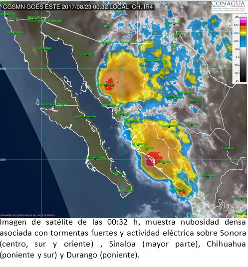 conagua_clima's tweet image. Imagen de satélite de las 00:32 h, muestra nubosidad muy densa asociada con tormentas sobre #Sonora #Sinalo #Durango y #Chihuahua