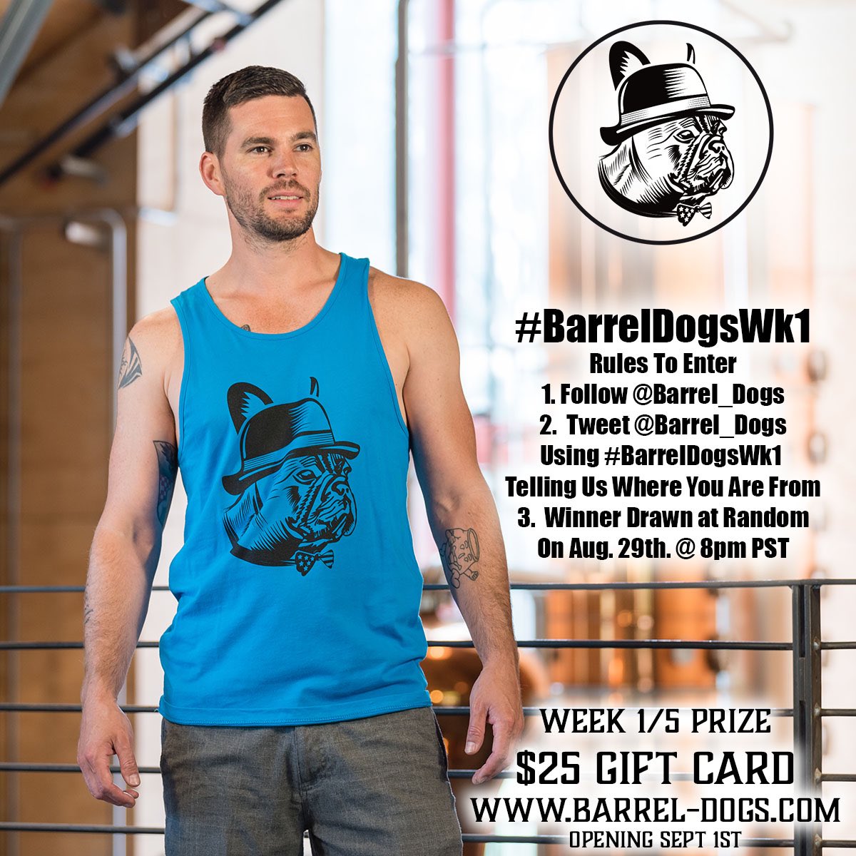 barrel_dogs's tweet photo. Welcome to the first of 5 giveaways! Follow the rules in the pic to enter. #barreldogswk1 #barreldogs #frenchbulldogclothing #frenchietank https://t.co/rFqzHbeY2R