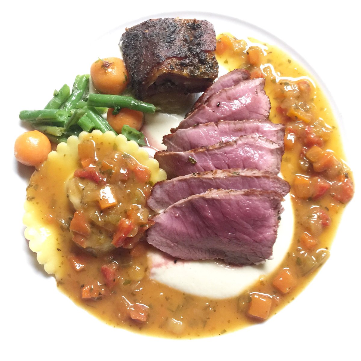 Lamb Degustation of Leg, Belly, Raviolo, &amp; Fond de Braisage