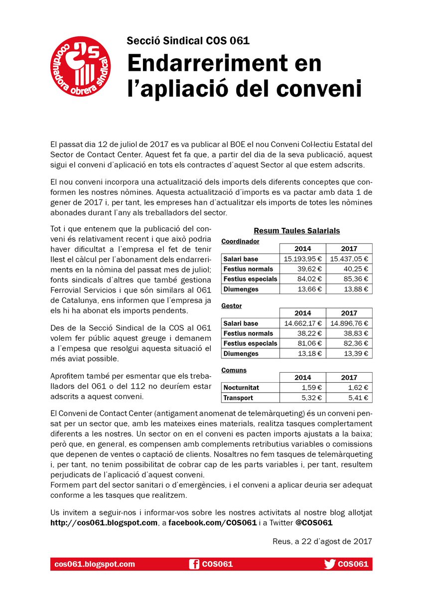 L’empresa encara no ens ha abonat els endarreriments per l’aplicació del nou conveni cos061.blogspot.com.es/2017/08/endarr…