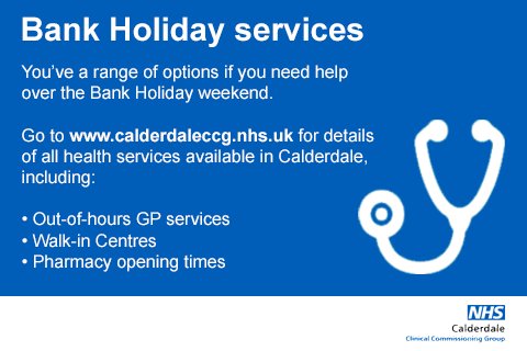 calderdaleccg's tweet photo. We're closing in on another #BankHoliday!

Find details of services available in #Calderdale over the #weekend at https://t.co/V9BIRGnM1P https://t.co/8tOWEOoBc1