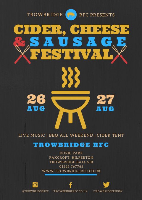 TrowbridgeRugby's tweet image. We've been busy with plans for the #BankHoliday weekend - see you from 1pm Sat for #rugby, cider, live music &amp;amp; good food #Trowbridge 🏉🎶🍻🎸🐖🧀