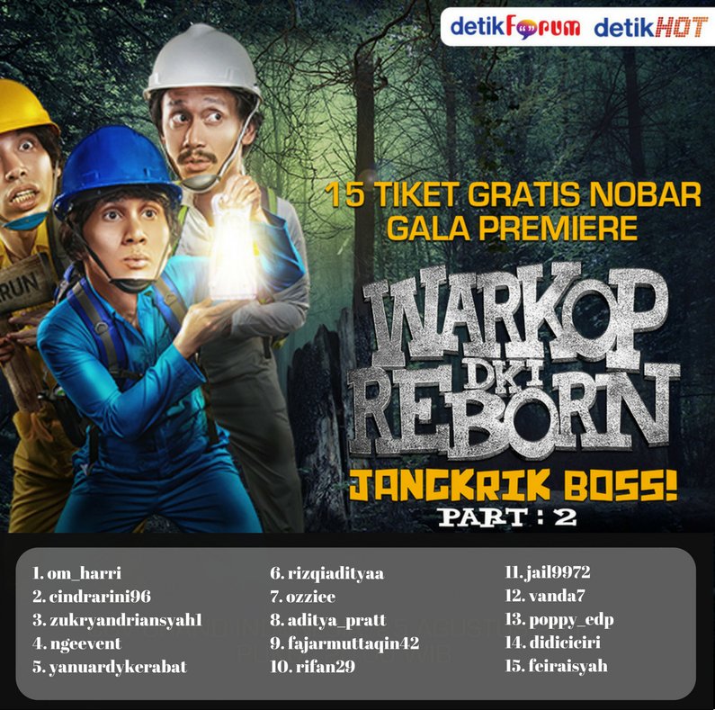 MbaTiTis's tweet photo. Inilah, 15 detikers beruntung nonton bareng Warkop DKI Reborn: Jangkrik Bos Part 2 bersama @detikhot @detikforum https://t.co/pjUh3laFZm https://t.co/6E80E6aW6c