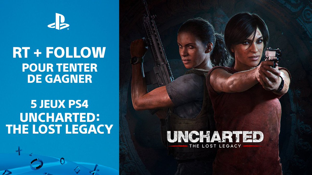 PlayStationFR's tweet photo. Uncharted: The Lost Legacy dispo en exclu sur PS4 ! 
🎁 RT + Follow pour tenter de gagner un jeu 🍀.
5 jeux à gagner, tirage au sort le 30/08. https://t.co/OZChQuVpRt