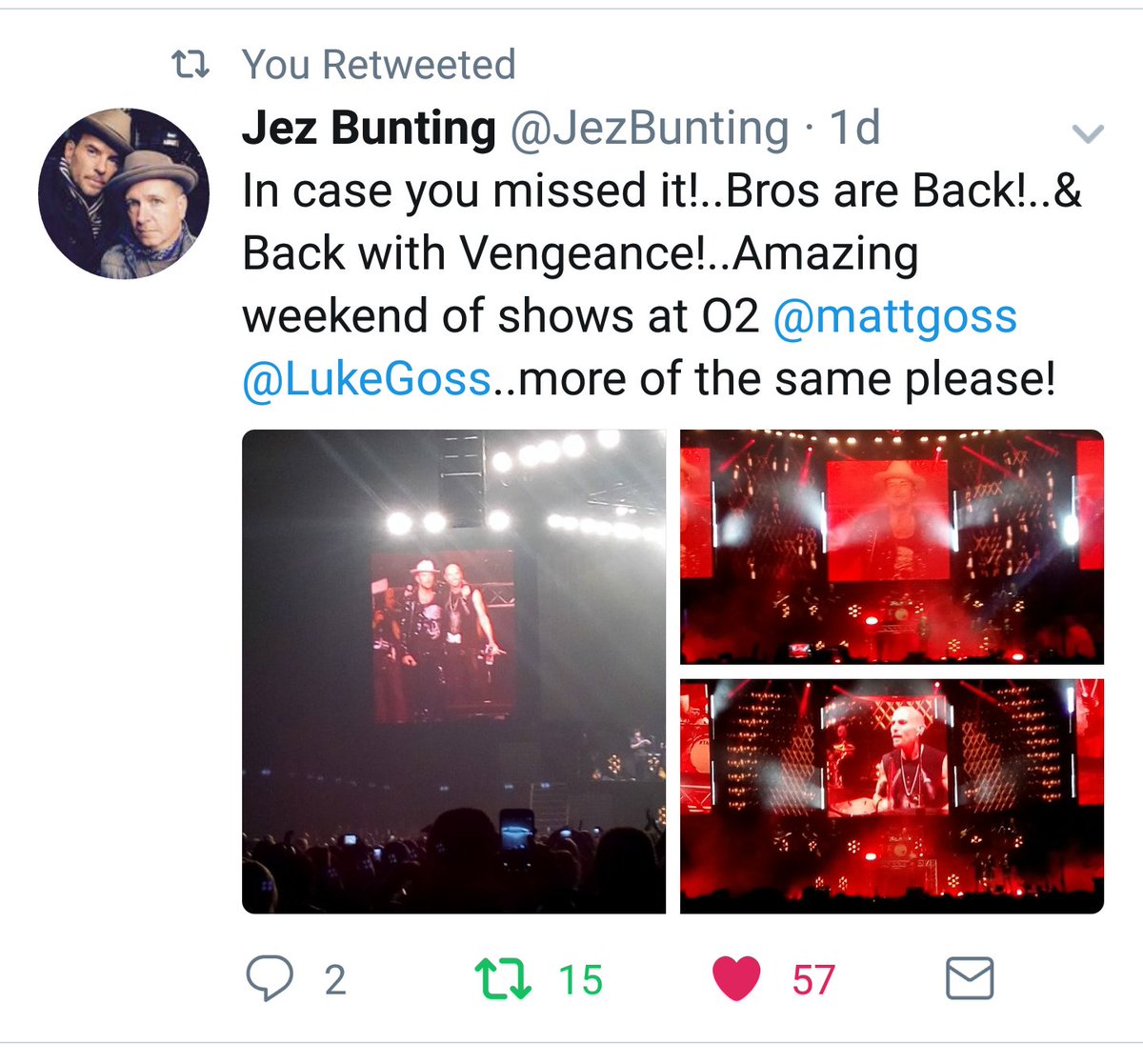 AtkinsAnouska's tweet photo. @sunriseon7 #sun7 #brosisback Amazing 2 sell out gigs in London.
Please have @mattgoss @LukeGoss on your show when they return to Oz in Nov https://t.co/3vw5jTMPTy