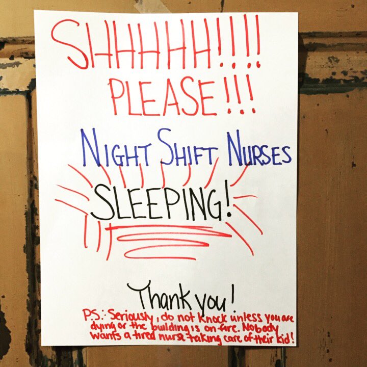 babyPICUrn's tweet photo. After nearly killing some poor maintenance guy yesterday, roomie and I added a fun new sign to our front door. #nocshiftproblems #nurseprobs https://t.co/d203PZxAQo