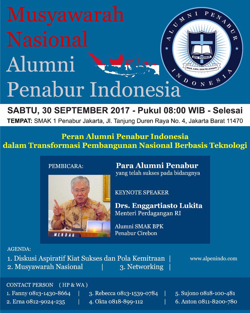 Jangan lewatkan Musyawarah Nasional Alumni PENABUR Indonesia, Sabtu (30/9), Pkl 08.00-selesai, bertempat di SMAK 1 PENABUR. 
#BEST #PENABURS