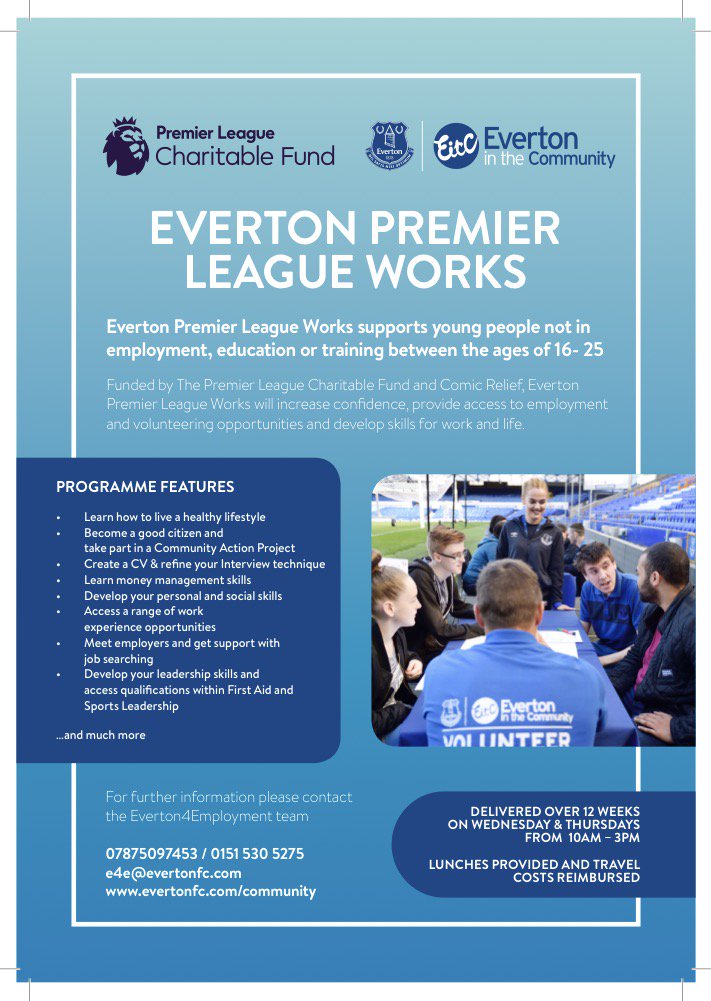 Are you 16 - 25 &amp; Not in Education, Employment or Training?
E-mail yolande.walsh@evertonfc.com for more information #Merseyjoblinkhour