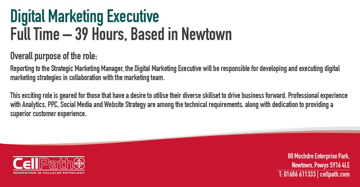 We are hiring for a Digital Marketing Executive based in Newtown.
Find the full job spec here: cellpath.co.uk/about-us/caree…